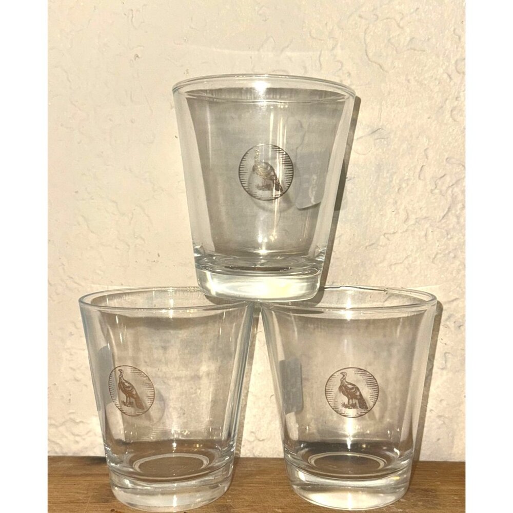 Set Of 3 Vintage Turkey Etched Whiskey Glasses